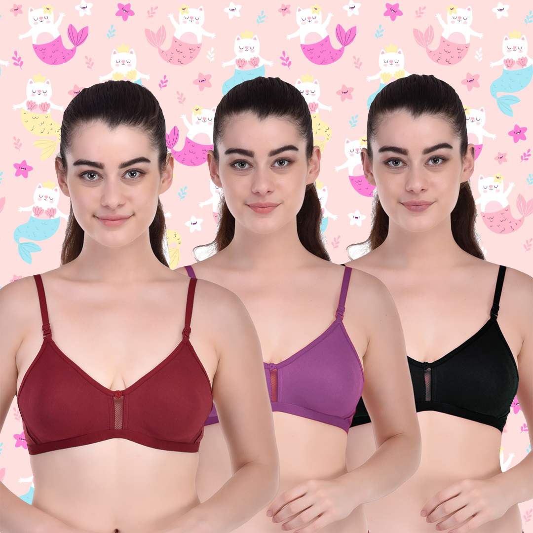 BTRUST Jaismine Bra - Soft Cotton Rich Fabric, Non-Padded Double-Layered  Cups, Non-Wired, Full Coverage Cups- Pack of 3